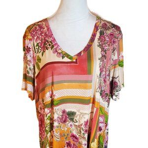 Johnny Was XXL Garden V-neck Tee Floral Multi-Color Tunic Top Loose Fit Stripe